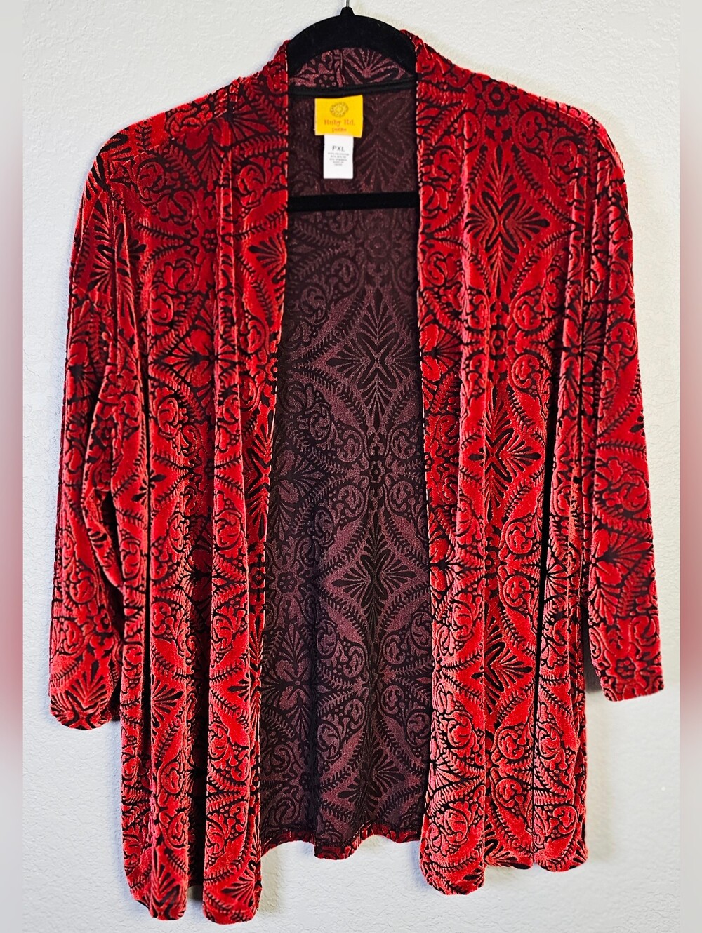 Ruby Rd Petite PXL Red Black Burnout Velvet Open Front Cardigan